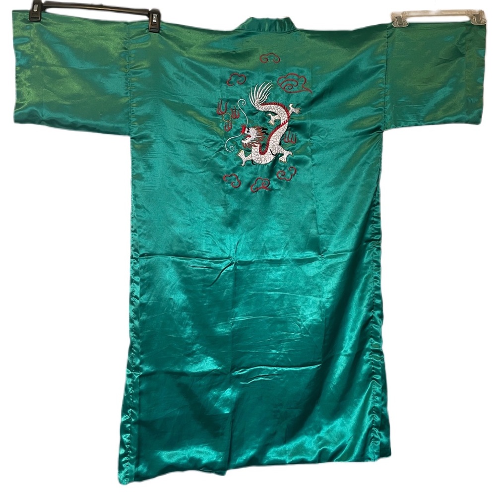 Vintage Chinese green satin embroidered dragon robe with tie unisex medium